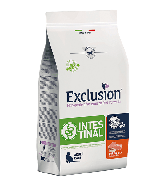 Crocchette Exclusion Intestinal Gatto - maiale e riso 300 gr-0